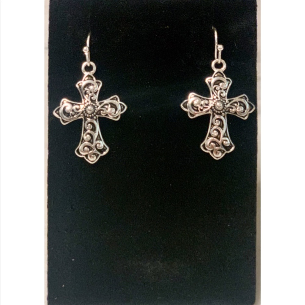 Silvertone Scroll Scalloped Cross Earrings
